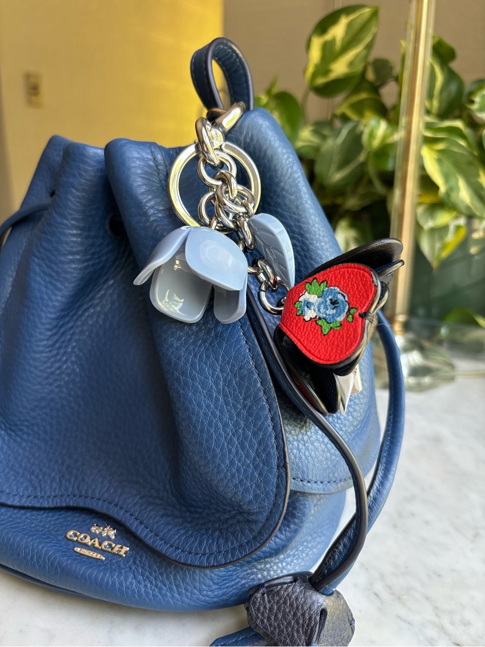 COACH Pebbled Leather Blue Drawstring Petal Bag with Matching Bag Charm - Picture 10 of 13